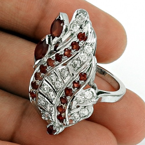 Women Gift Ring Real Garnet White CZ Rhodium Plated 925 Silver Ring Size 6 - Photo 1/5