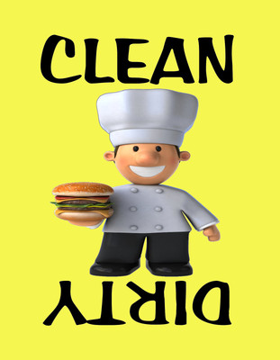 METAL DISHWASHER MAGNET Chef Holding Sign Clean Dirty Dishes Blue Background METAL DISHWASHER MAGNET Chef Holding Sign Clean Dirty Dishes Blue Background