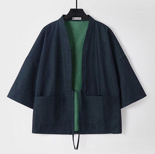 Hombres Denim Kimono Chaqueta Abrigo Japonés Yukata Cárdigan Suelto Prendas de abrigo Haori - Imagen 4 de 10