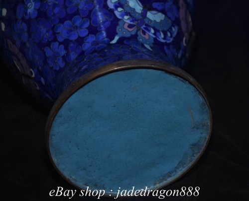 10" Old Chinese Copper Cloisonne Blue Flower Butterfly Pattern Bottle Vase Pair - Picture 17 of 17
