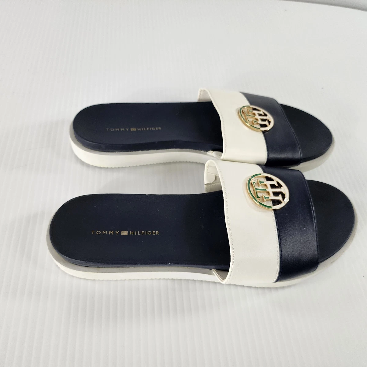 Tommy Sandals Womens 8.5 Metallic Gold Logo Slip On Slide Black | eBay