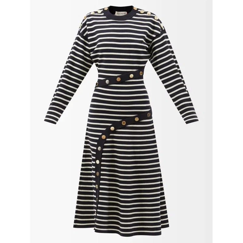 Abito midi Alexander McQueen in maglia avorio blu navy e oro $3290 nuovo con etichette passerella