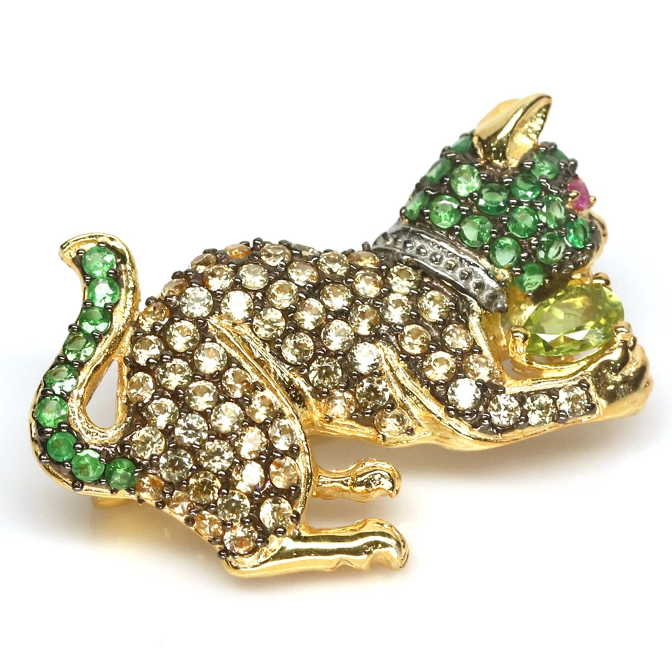 Брошь из серебра 925 пробы с натуральным желтым сапфиром цаворитом гранатом перидотом рубином - Изображение 3 из 4