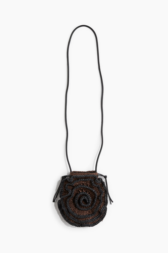 H&M Stroh Smartphone Tasche (dunkelbraun) groß Rosen Design Kordelzugverschluss - Bild 2 von 4