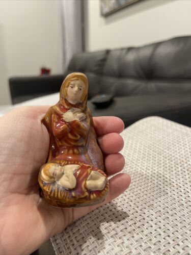 Mutter Maria kniend mit Jesuskind Keramik Krippe Weihnachten glänzende Glasur 3,5" hoch - Bild 5 von 6