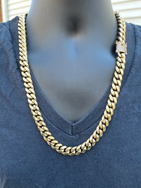 Real Miami Cuban Link Chain 14k Gold Plated Stainless Simulated Diamond Clasp CZ Real Miami Cuban Link Chain 14k Gold Plated Stainless Simulated Diamond Clasp CZ