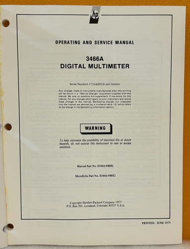 HP / Agilent 03466-90002 1979 Digital Multimeter 3466A Oper. & Service Manual. - Picture 2 of 2
