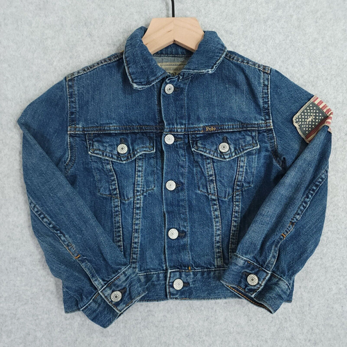 Polo Ralph Lauren Jacket Boys 5 Blue Denim Trucker Flag USA Snap Kids Cute
