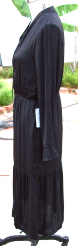 Women's Black Dress S Polka Dot Midi Button V-Neck Long Sleeve Silky NWT - Picture 4 of 4