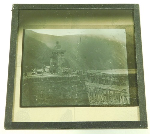 Antike Glas s/w magische Laterne Dia Rheinischer Turm Lynmouth Hafen Devon um 1900 - Bild 1 von 3