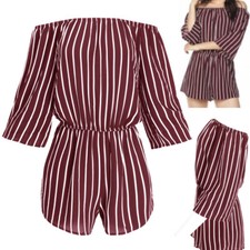 Women's 3/4 Sleeve Off The Shoulder Stripe Romper Burgundy Cream
