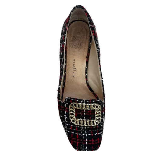Bettye muller Tweed Plaid Block Heel Loafers With Gold Chain Buckle Size 7.5m - Picture 4 of 7