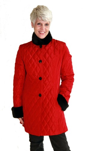 Chaqueta de seda de lluvia de tafetán rojo o negro con cuello y puños de piel de conejo Rex - Imagen 5 de 10