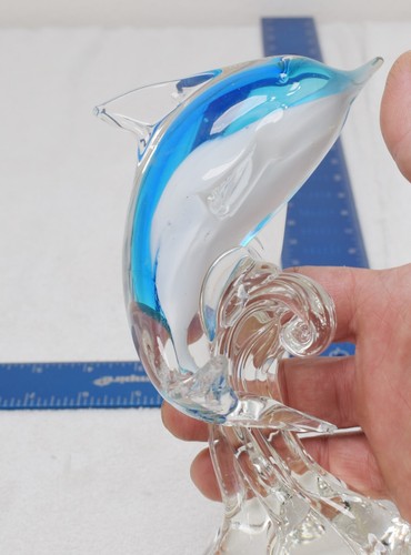 Art Glass Dolphin Figurine Blue/Clear with Blue Inside on a Wave. - Picture 2 of 7