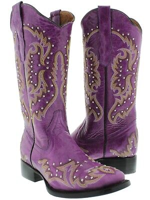 Womens Purple Cowgirl Boots Silver Studded Real Embroidery Leather Square Size 5 Womens Purple Cowgirl Boots Silver Studded Real Embroidery Leather Square Size 5