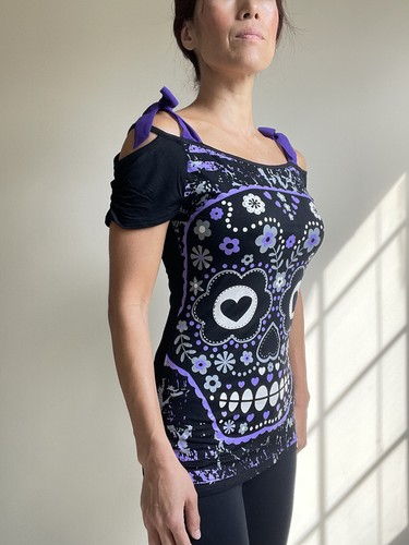 Banned Apparel Women's Flower Purple Sugar Skull Bow Tie Shoulder Straps Top - Picture 3 of 7