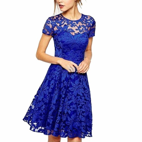 Women Vintage Lace Round Neck Formal Wedding Cocktail Evening Party Swing Dress - Picture 2 of 7
