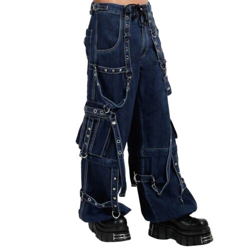 Men's Blue Gothic Pant Denim Jeans Wide Leg Cargo Punk Style Cotton Tripp Pant - Picture 4 of 5
