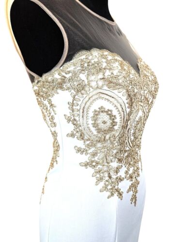 Elegant White Mermaid Gown/Dress Gold Lace Appliqué & Sheer Neckline Size M - Picture 7 of 13