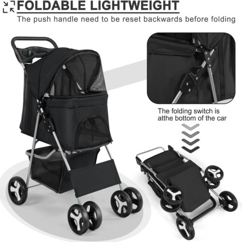 Faltbarer Haustier Kinderwagen 3/4-Rollen Hund Welpen Kinderwagen Wagen mit Getränkehalter & Korb - Bild 25 von 34