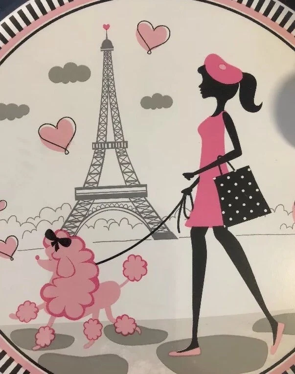 Paris Birthday Party Luncheon Plates Eiffel Tower Pink Poodle Beret Dots 8pack - Image 2 of 4