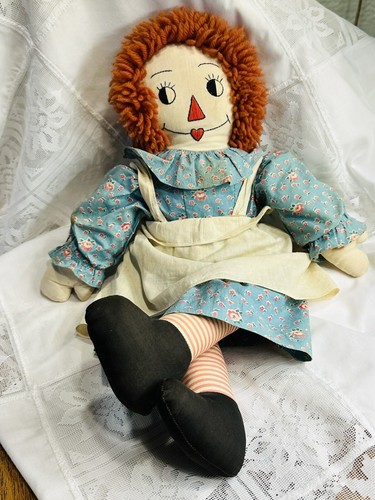 "Dos muñecas Raggedy Ann de colección años 1950-60 I Love You Heart 19-20"" puntada a mano rara" - Imagen 24 de 24