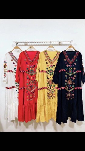 Women Retro Ethnic Mexican Embroidered Cotton Linen Long Boho Loose Dress - Picture 13 of 21