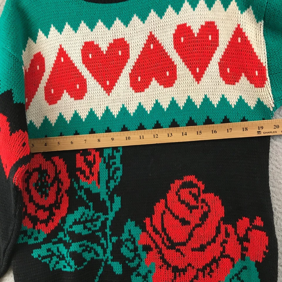 Suéter Vintage Hearts Roses Para Mujer Negro Verde Rojo Tejido Pullover M Foto 4 de 4
