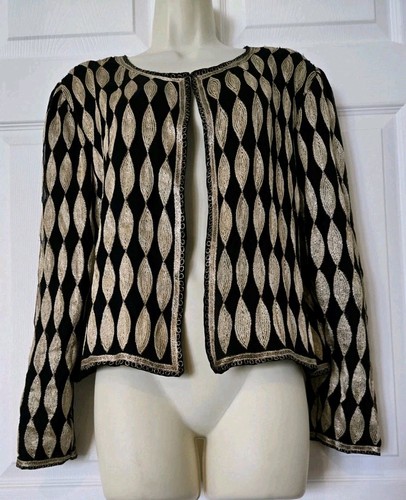 Stenay Vtg Pure 100% Silk Black/Gold Metallic Embroidered Bolero Jacket Sz L