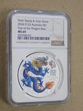 2024 Australia Lunar Dragon 1 oz Silver Blue BU Coin NGC MS 69