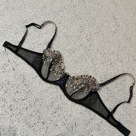 Aubade Lace Underwire Bra 34B Black Blue Embroidered Sheer