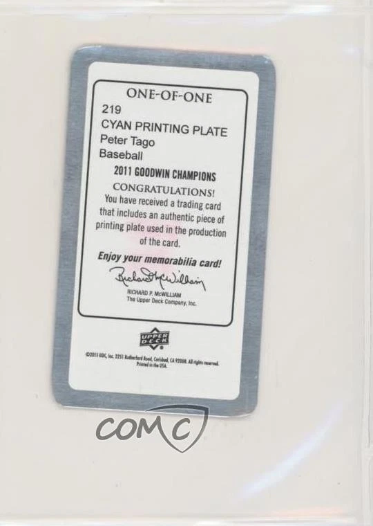 2011 Upper Deck Goodwin Champions Printing Plate Mini Cyan 1/1 Peter Tago 0c3 - Image 2 of 3