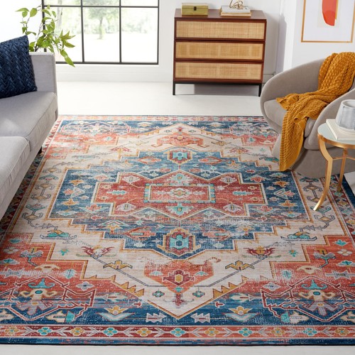 Washable Rug Tucson Collection - 10' x 14', Blue & Rust, Slip Resistant, Idea...