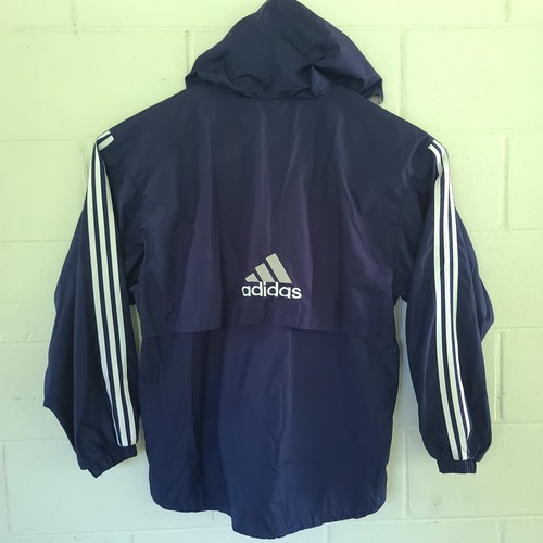Chaqueta cortavientos con capucha Adidas XL azul marino años 90 de colección 3 rayas bordadas unisex usada en excelente estado - Imagen 18 de 18
