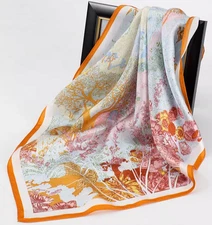 100% Silk 20" small Square Scarf Women neckerchief floral blue yellow HD125-1