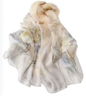 100% Silk large Scarf Women neckerchief Shawl Wrap floral beige gray HD118-61