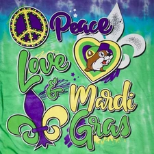 NWT Buc-ee’s Peace Love & Mardi Gras Tie Dye Double Sided T-Shirt Size Med. (B5)