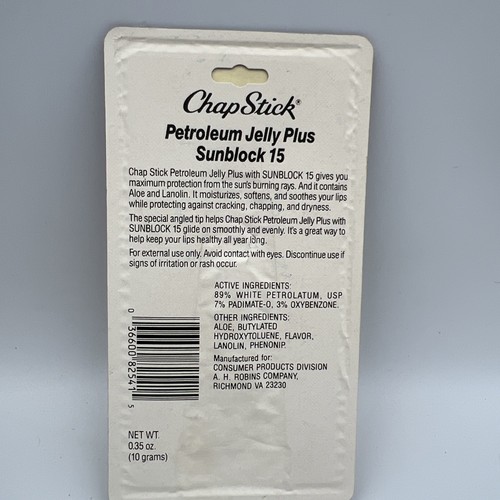 Bloqueador solar vintage Chapstick 15 gelatina de petróleo plus 0,35 oz y RARO Y DIFÍCIL DE ENCONTRAR. - Imagen 5 de 8