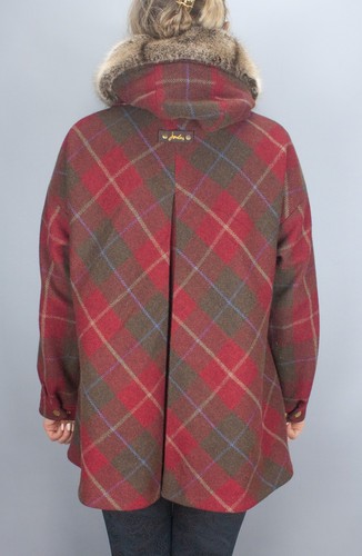 Joules Carolyn Swing Coat Tweed Womens Red Check Hood Fur Trim Size S Wool Blend - Picture 7 of 24