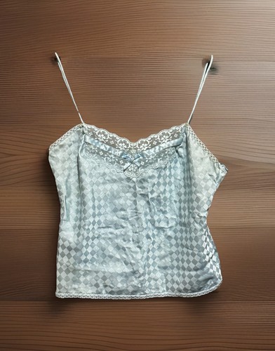 Taryn Alexander Camisole Top Blue  Lace Trim Diamond Pattern Vintage 1970s