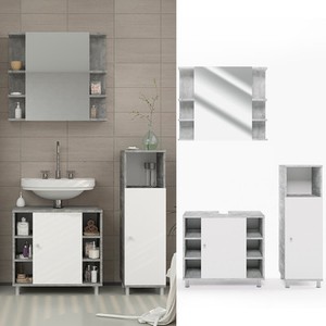 Vicco FYNN Spiegel, Waschtischunterschrank und Midischrank Badmöbel Set - Weiß/Beton (1-Bô-21206)