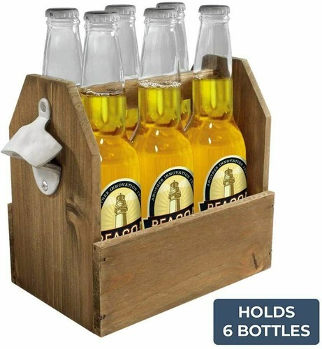 Wooden Rustic Farmhouse Bottle Caddy,6PK Beer Carrier W Built-In Bottle Opener