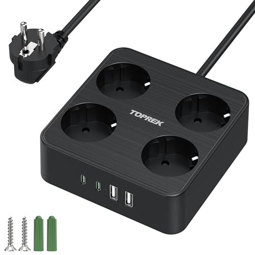 TOPREK Multiprise 4 prises 4000 W, 16 A, avec USB (2 USB A et 2 USB), prise de d