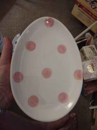 Set 4 Oval Ceramic Easter Egg Plates Polka Dot Snack Green Blue Pink Orange  - Picture 6 of 6