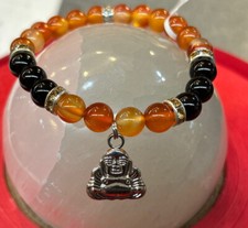 Red agate and black Onyx 8 mm round bracelet with Buddha charm