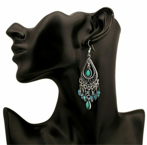Women Retro Boho Blue Bohemian Party Ethnic Earrings Ear tassel Hook Drop Dangle - Picture 2 of 12