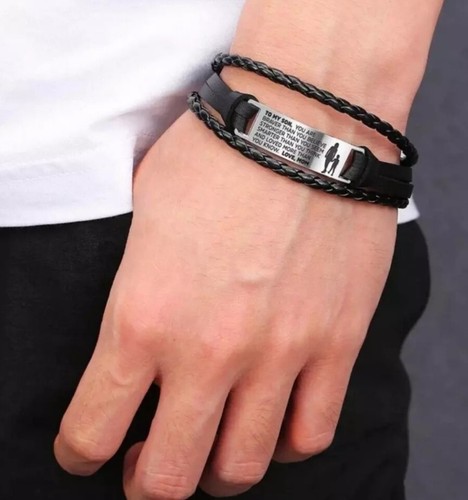 Son Daughter Gift Bracelet Black Leather Wrist Band Wrap Bangle From Mom Or Dad - Picture 6 of 12