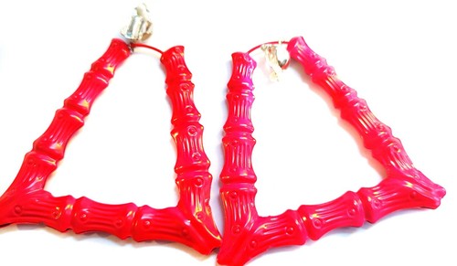 CLIP-ON EARRINGS BAMBOO TRAPEZOID TRIANGLE HOOPS GOLD OR SILVER TONE 4 IN L - Picture 3 of 7