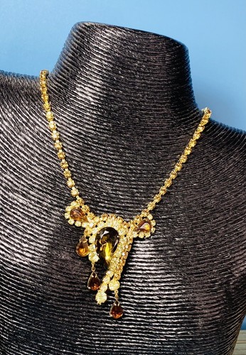 Vintage Estate Amber/Rootbeer Rhinestone Art Nouveau Pendant Choker/Necklace-16" - Picture 2 of 16