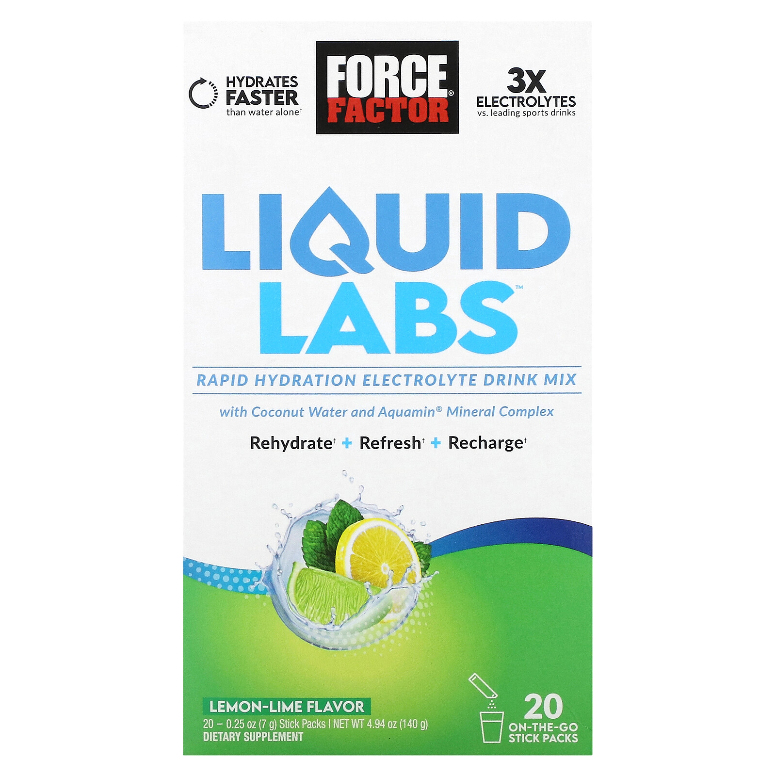 Liquid Labs, смесь для электролитного напитка с быстрой гидратацией, Лимон-Лайм, 20 упаковок в стиках,